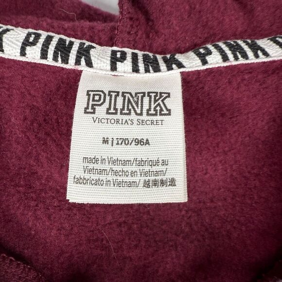 PINK Victoria's Secret Lace-Up Hoodie burgundy with black white stripe sleeves s - Picture 2 of 9